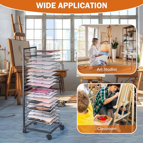 Image of GENMOUS Art Drying Rack, Metal Painting Drying Rack with 20 Removable Shelves, Art Storage Rack with Lockable Wheels for Art Studio Classroom School, 30x11x12 Inches