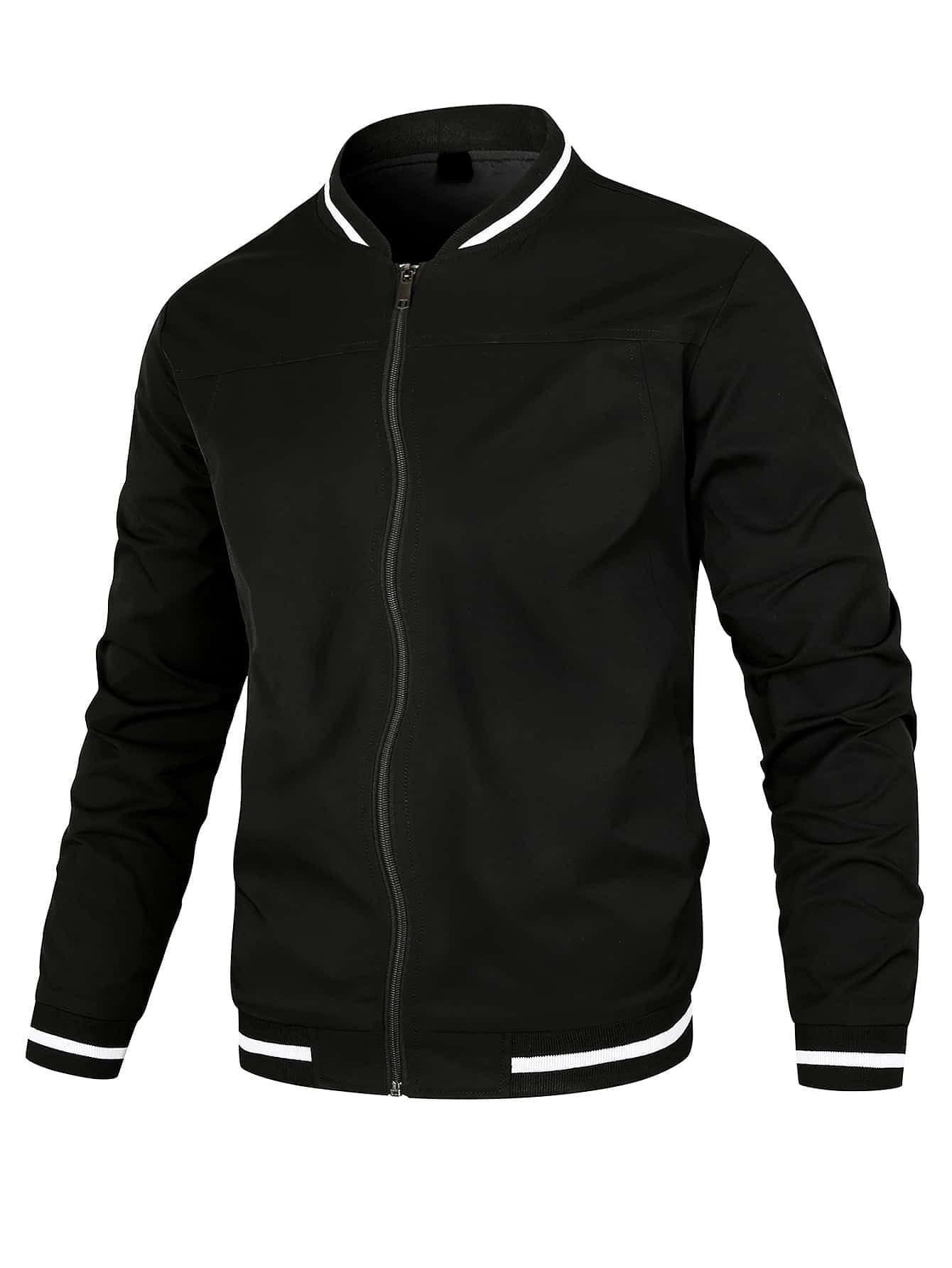 ADIDU Men Striped Trim Slant Pockets Bomber Jacket Lightweight Sportswear Jacket