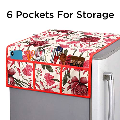 Image of Combo Set of 1 Pc Fridge Top Cover with 6 Utility Pockets And 4 Pc Fridge Mats (Red, Set of 5) (1FC4FM-ROSEFLW-RED)