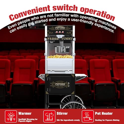 Image of 20 oz Commercial Popcorn Machine Cart - Sleek Black Popcorn Maker with Storage Stand and Wheels for Home Theaters, Parties and Concession Stands