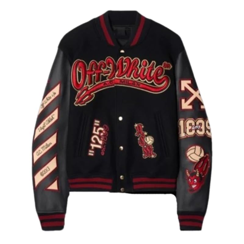 A C Milan X Off-White 125th Anniversary Varsity Jacket | Football Club A C Milan Leather Bomber Jacket4