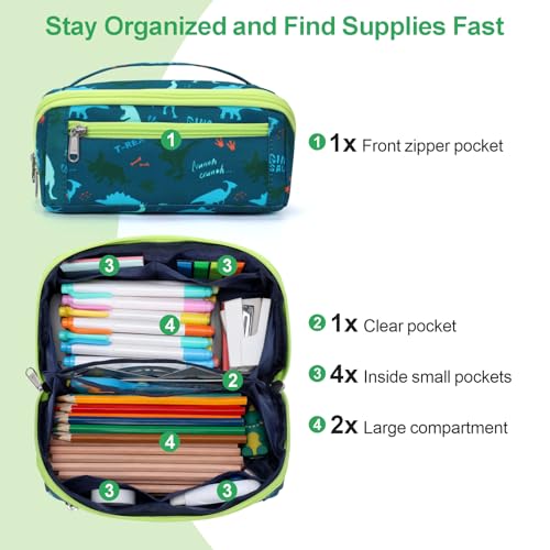 Image of Large Pencil Case for Boys, Durable Pencil Pouch for School, Wide Opening Soft Bag with Handle, Fits 50 Pens & Markers (Green Dinasour)