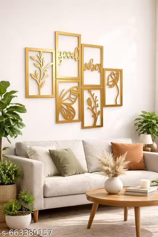 Image of Wooden Wall Decor Set of 6 with Gold Finish | Good Vibes Quote, Floral & Butterfly Design | Modern Living Room Wall Art