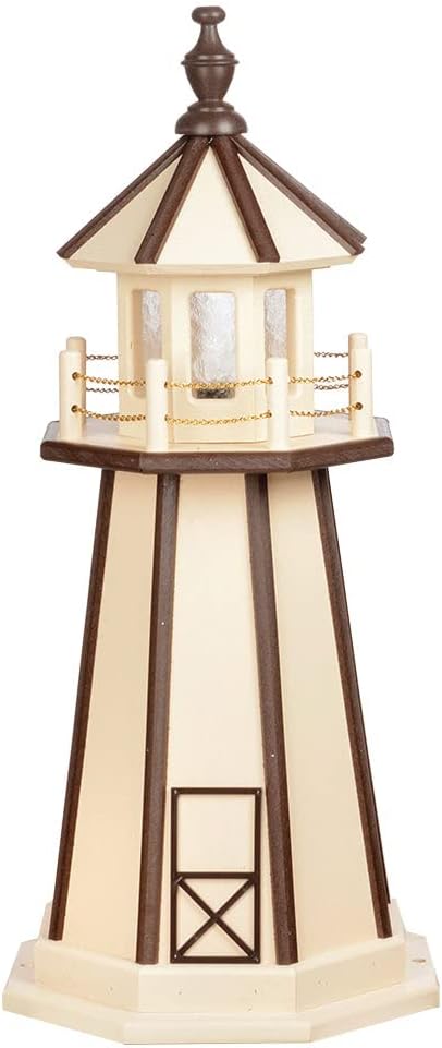 Amish-Made Cedar Poly Lighthouse with Black Trim and Solar LED Light, 57" Tall