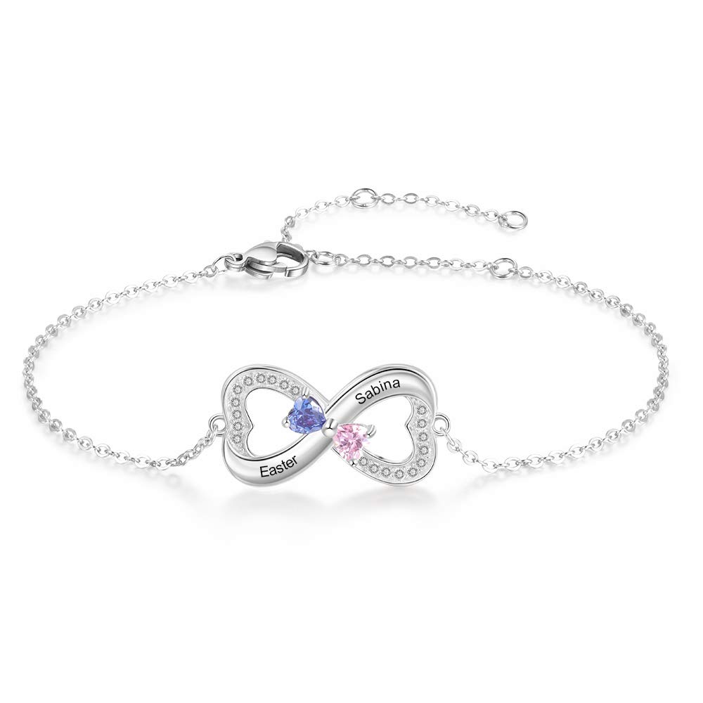 XiXi Pulsera de Plata 925 Personalizada con 1/2/3 Nombre Grabado Pulseras de Corazón Ajustables para Madre Hija Mujer Regalo para el Día de San Valentín Cumpleaños Día de la Madre