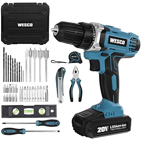 Cordless Drill Kit, WESCO 20V Electric Drill Driver Set & Home Tool Kit with 44pcs Accessories, 1x Li-ion Battery, Variable Speed, 21+1 Clutch, 3/8 inch Keyless Chuck, LED Light, Storage Case Included