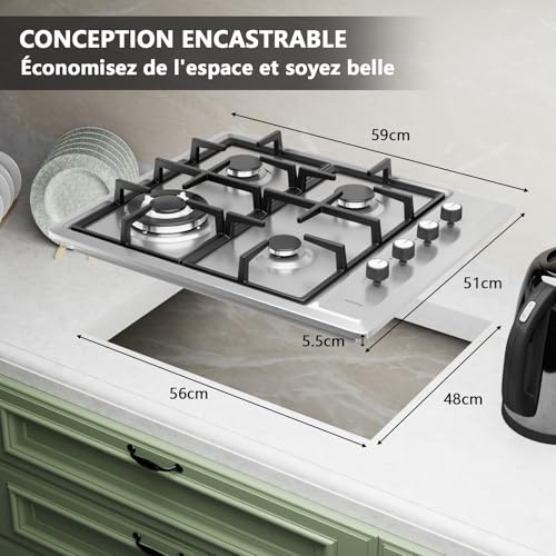 IsEasy Gas Hob with 4 Stainless Steel Burners, 4 Built-In Gas Hobs, Gas Table 60 cm, City Gas and Bottle