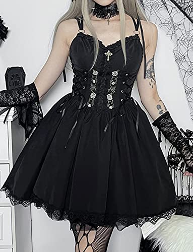 Happy Cherry Mouwloos Gotische Jurk voor Vrouwen Vintage Zwarte Kant Midi Jurk Steampunk Spaghetti Bandje Jurk - Image 4