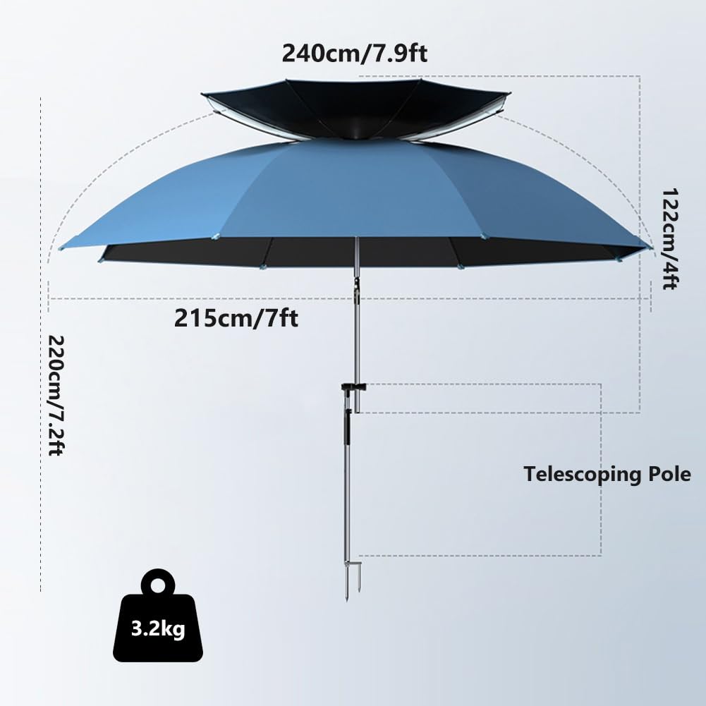 220/240 cm Parasol Wędkarski Przenośny, Wiatroodporny Parasol Podróżny z Aluminiowym Drążkiem, UV50+ Wodoodporny z Torbą Transportową i Kotwicą