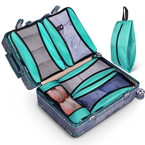 KEETDY Handgepäck-Packwürfel für Koffer, Rucksack-Organizer, stabil, verschiedene Größen, Reisetaschen, Organizer für Gepäck mit Schuhtasche für Kleidung, Reiseutensilien, 6 Set, Blaugrün Cover