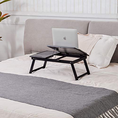 Natwind Bamboo Lap Desk Multi-Purpose Laptop Bed Tray Folding Table with Smartphone Ipad Card Slot and Little Drawer Lap Stand for Bed and Sofa(Black)