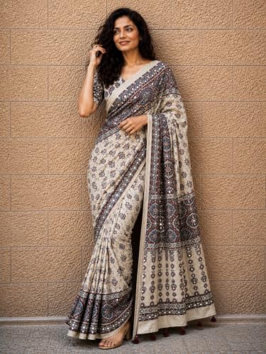 Image of Ajrakh Modal Silk Saree for Women | Mirror Work Black Saree | Gajji Silk Red Pallu Tassels | Designer Sarees for Women Party | Ajrakh Print Saree | Modal Silk Sarees Original