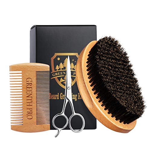 Beard Brush & Comb Set for Men – 100% Boar Bristle Curve Beard Brush & Wooden Grooming Comb & Mustache Scissors Packed in Premium Gift Box - Beard Grooming Kit for All Sizes & Beards Style