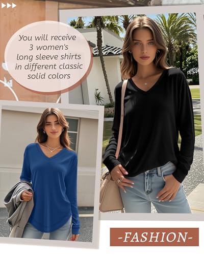 Riyiper 3 Pack Women's Long Sleeve Sweatshirts, Cotton V Neck Tops Loose Fit Curved Hem Tunic Tops Basic Casual Fall Shirts2