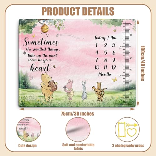 Image of Winnie Quotes Milestone Blanket for Baby, Pink Baby Blanket Growth Chart, Newborn Photography Background Decor, with 8pcs Double-sided Printed Holiday Cardstock 30*40in, Christmas Decor Photo Gift