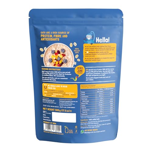 Image of Slurrp Farm Rolled Oats, 100% Natural Wholegrain, High Protein & Fiber, Healthy Food with No Added Sugar, Breakfast Cereal, Healthy Snack, Dalia Porridge, 500g