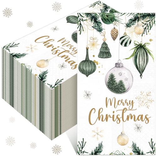 Peryiter 100 Pcs Merry Christmas Holiday Paper Napkins Farmhouse Christmas Disposable Napkins Green Xmas Decor Rustic Winter Dinner Hand Towel for Guest Bathroom Kitchen Xmas Winter Party