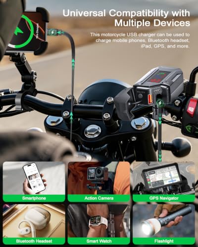Image of EXTRACTME 3-in-1 Motorcycle USB Charger, Waterproof IP65 Motorcycle Phone Charger with LED Voltmeter, USB A & USB C, Retractable Type-C Cable, Handlebar & Mirror Mount for 12-24V Motorbike ATV