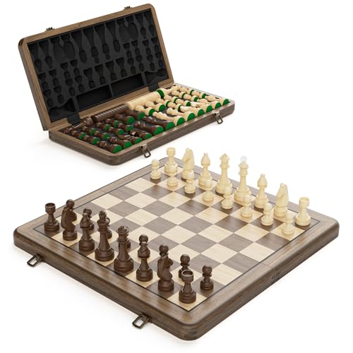 38 cm Holz Klapp-Schach- und Dame-Set, 2-in-1 Brettspiel, 7,6 cm König Staunton Figuren, 2 zusätzliche Damen (Vintage)