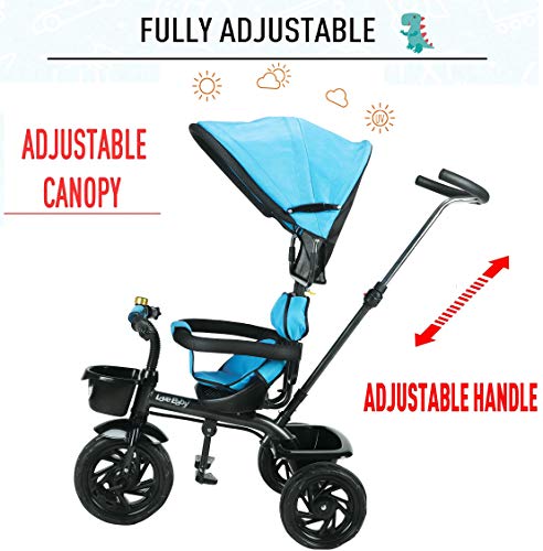 Image of JoyRide 3 in 1 Baby Tricycle Toddler Stroller Kids Pedal Tricycle w /Pusher Removable Canopy Safety Bar Storage Footrest for 18 Months to 5 Years (Blue)