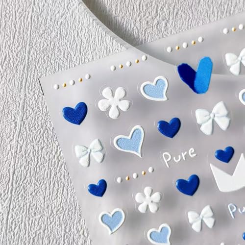 Image of Heart Nail Art Stickers 5D Embossed Nail Decals Blue White Self Adhesive Bow Nail Sticker for Nails Art Design for Women Girls Flower Supplies Manicure Decorations Accessories