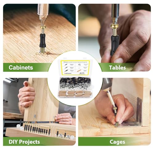 Nadisean 130Stk Möbelverbinder Schrankverbinder, Zinkdruckguss Vernickelt Korpusverbinder, inkl Exzenternocken, M6x40/35/32mm Einschraubdübel, Kunststoffmuttern Holzdübel, Schraubendreher für Schrank