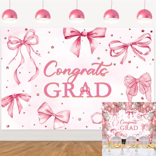 Toile de fond diplôme 2025 rose et nœud géant pour fête de remise des diplômes de fille 2.4x1.8m