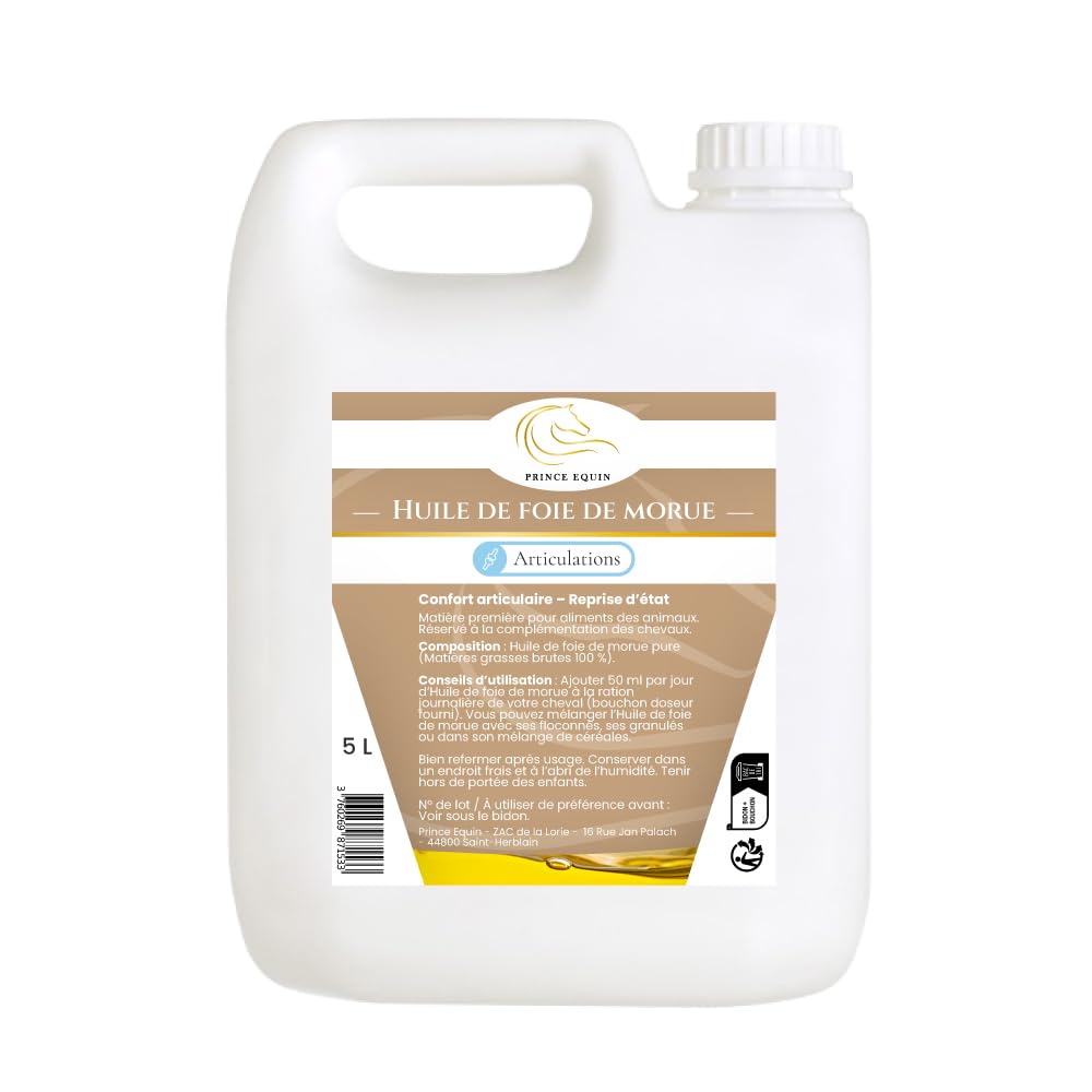 Huile DE Foie DE MORUE - Complément nutritionnel Cheval - Bidon 5 L - Articulations - Reprise d'état Cheval - Immunité - Source d'oméga 3 et vitamines A et D - Marque française