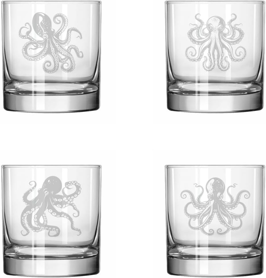 MIP Set of 4 Glass 11 oz Rocks Whiskey Glass Gift Octopus Collection