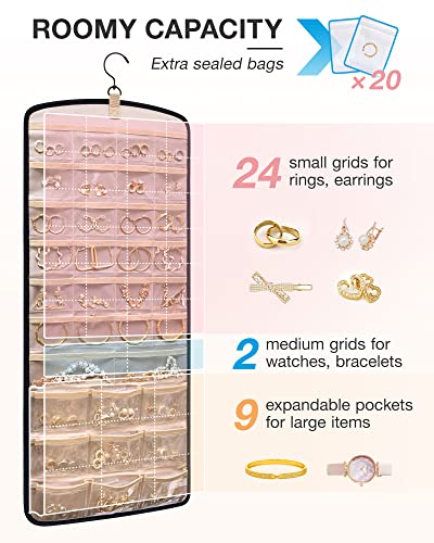 BAGSMART Hanging Jewelry Organizer, Necklace Holder Anti-tangle Earrings Rings Hanger with 20 Jewelry Bags Travel Storage Roll with Pockets Hang on Closet, Wall, Door,1 Piece, Large, Black - Image 4