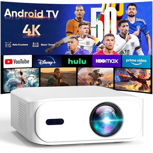 [Built-in-Apps] 4K Short Throw Smart Mini Projector with WiFi 6 and Bluetooth, Auto Keystone Outdoor Movie Projector, Big Screen Home Portable Projector for Phone/Laptop/HDMI (APP Version)