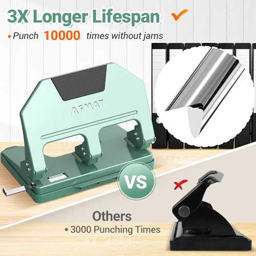 Image of AFMAT 3 Hole Punch, 9 /32 inch Holes, 40-Sheet 3 Hole Puncher for Binder, 50% Reduced Effort, Metal Heavy Duty Three Hole Punch w / 10,000+ Uses, Bulit-in S.S. Paper Guide, Large Chip Tray, Green, HPX3
