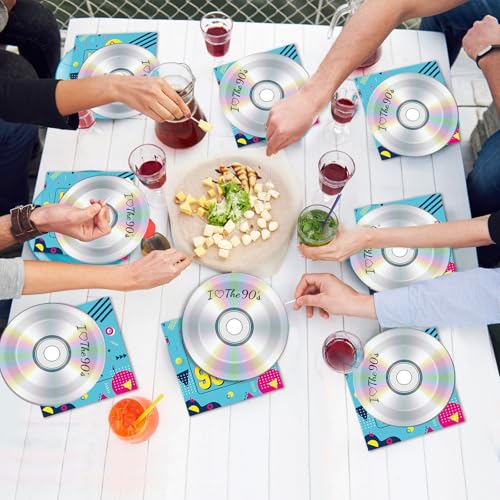 Image of CHUNNIN 50Pcs 90's Party Paper Plates and Napkins for 25 Guests | Durable Paper, 1990s Retro Theme Birthday Party, I Love the 90s Disposable Dessert Tableware, CD Plates and Napkins Set