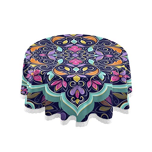Turquoise Mandala Floral Round Tablecloth Purple Moroccan Turkish Indian Motifs Circular Table Cloths Cover Washable Polyester Tabletop Runner For Kitchen Party Picnic Dining Decor 60 Inch #TOP26