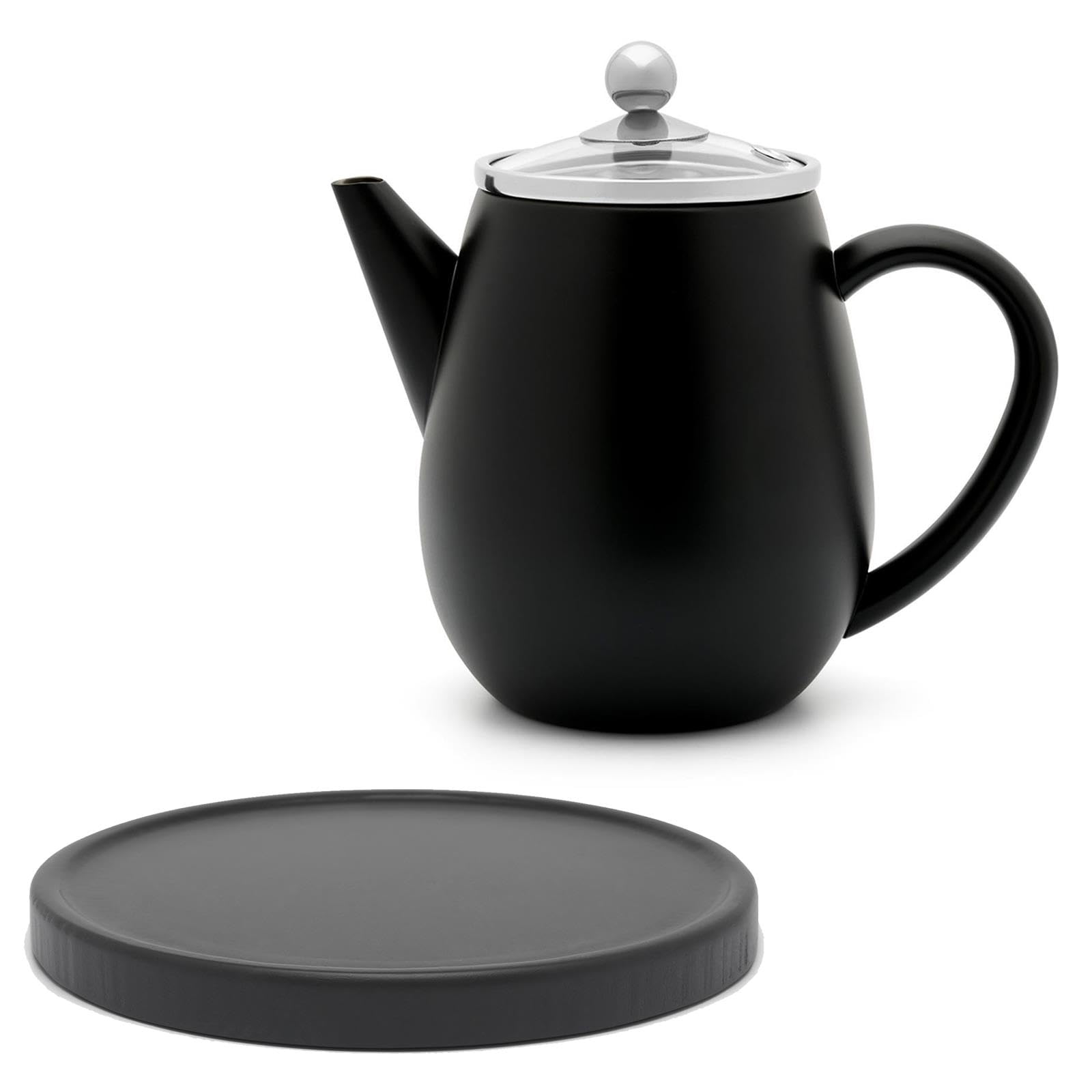 Bredemeijer Doppelwandige Mini Teekanne 0.5 Liter - schwarze isolierende Edelstahl Kanne Set mit schwarzem Holzuntersetzer & Tee-Filter-Sieb-Einsatz - für lose Teesorten