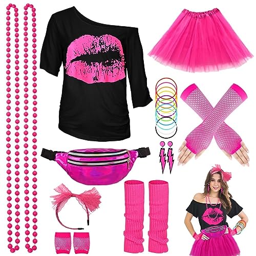 WILDPARTY 80er Jahre Outfit Damen Set, T-Shirt, Tutu, Gürteltasche,...