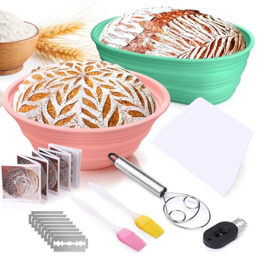 Palksky Cestas de prueba de masa fermentadora de silicona, suministros para hornear pan de masa fermentada, cuencos redondos y ovalados para aumentar la masa agria, esenciales para principiantes,