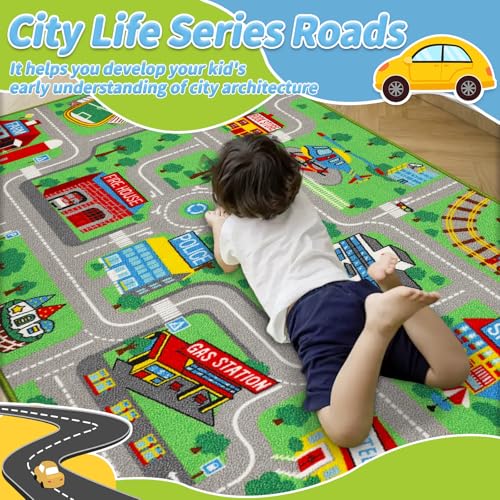 Capslpad Kinderteppich 100x160cm rutschfest Stadtplan Spielteppich Pädagogischer Spielteppich Maschinenwaschbar Kurzer Flor Autoteppich Kinder für Kinderzimmer Schlafzimmer Spielzimme Grün