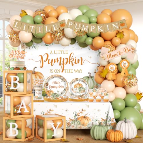 Little Pumpkin Baby Shower Decorations for Boy or Girl 275pcs Fall Baby Shower Plates and Napkins Cups Backdrop Tablecloth Topper Balloon for A Little Pumpkin Is On The Way Baby Shower Decorations