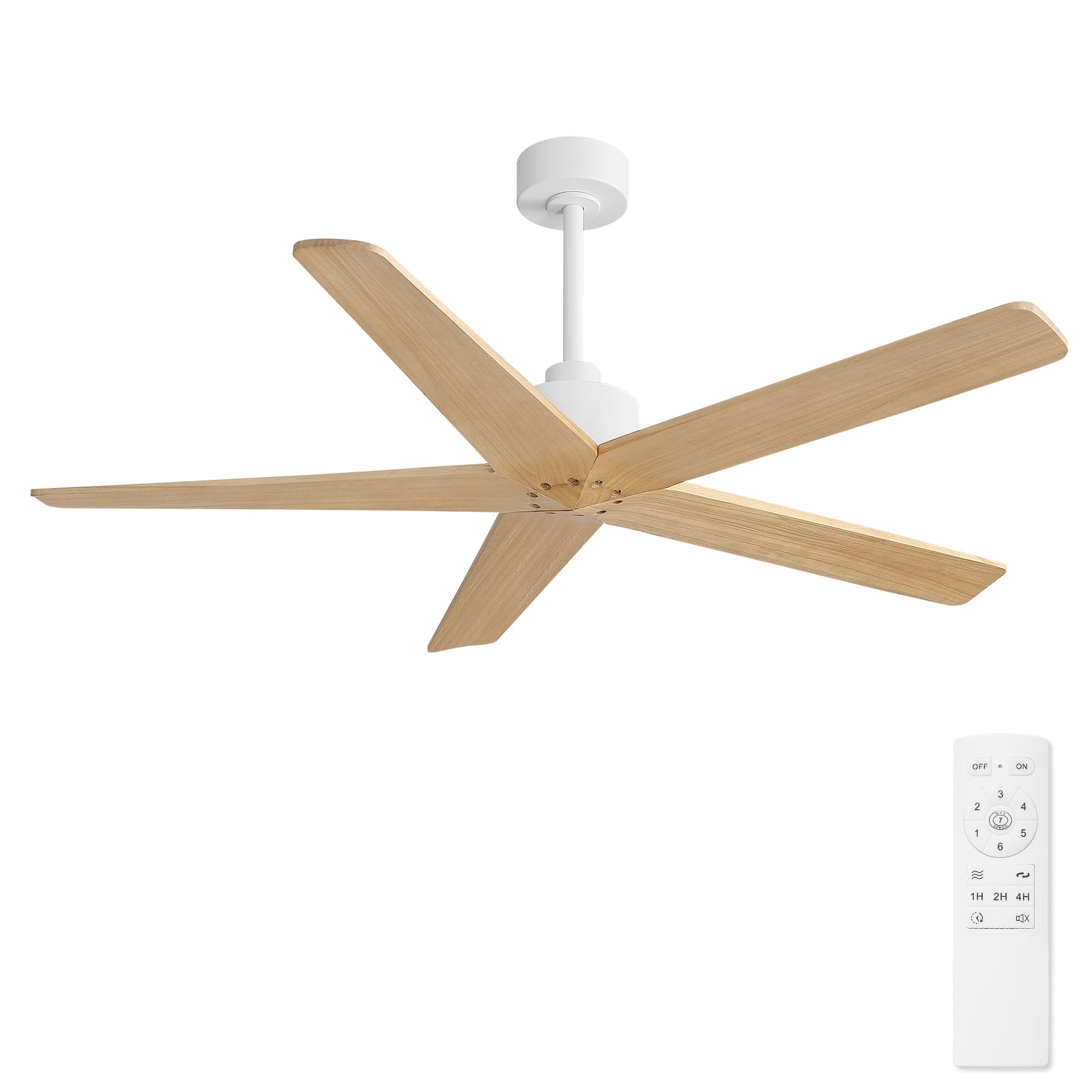 WINGBO 64 Inch Ceiling Fan without Lights, 5 Carved Solid Wood Blades, 7-Speed Noiseless Reversible DC Motor, Indoor Outdoor Ceiling Fan No Light for Bedroom Living Room Patio, White and Natural Wood