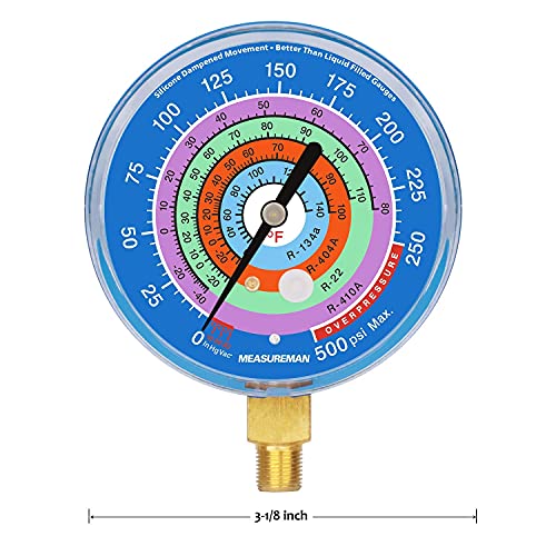 measureman refrigeration pressure gauge kit 3-1834 dial blue dial amp red dial 1834 npt lower mount 30inhg-0-250psi 250-500psi amp 0-800psi
