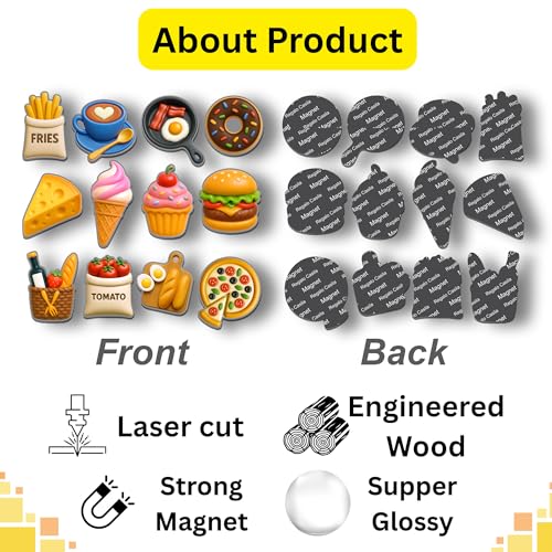 Image of Regalo Casila Cute Food Fridge Magnets Set of 12 Strong Magnetic Decorative Kitchen Magnets for Refrigerator Wooden Glossy Cartoon Fridge Sticker Set for Home Office School