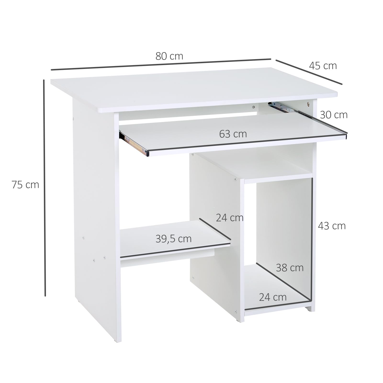 HOMCOM Petit Bureau D'Ordinateur avec Support CPU 80 x 45 x 75 cm Blanc