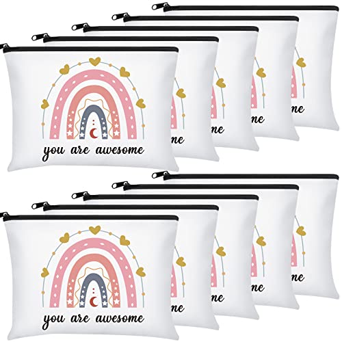 Chunful 10 Pieces Inspirational Canvas Makeup Bags for Women Graduation Gift Rainbow Canvas Cosmetic Bags Bulk with Zipper Friendship Gift Travel Toiletry Pouch(Moon Style)