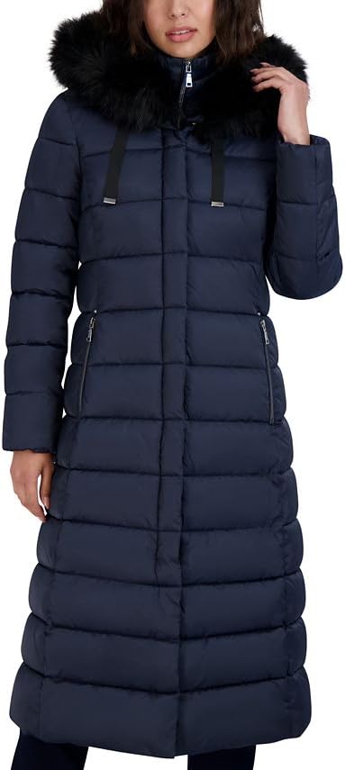TAHARI Women's Maxi Puffer Coat, Attached Bib, Faux Fur Hood Trim, Hand Warmer Pockets, Long Puffer Coat, Star, Small