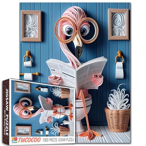 Puzzle flamants roses de 1000 pièces - Animal amusant avec lunettes - Lecture de journal - Scène de salle de bain - Adulte - Débutant - Activité familiale - Bricolage - Décoration d'intérieur - Cadeau