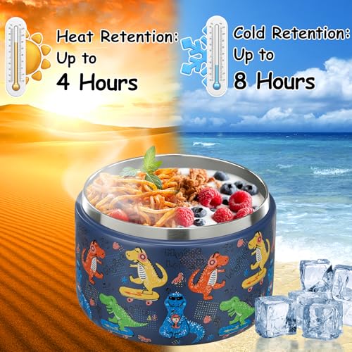 Image of Pawtong 12oz Insulated Vacuum Food Jar with Buckle Lid Wide Mouth Soup Thermo for Hot Food Kids Leakproof Stainless Steel Lunch Container (Blue-Dinosaur)