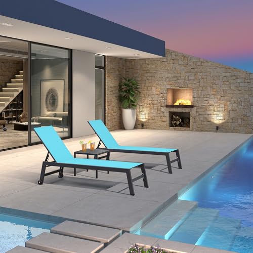 Image of PURPLE LEAF Patio Chaise Lounge Set 4 Pieces Aluminum Outdoor Lounge Chairs with Wheels and Side Table Sunbathing Recliner Turquoise Blue