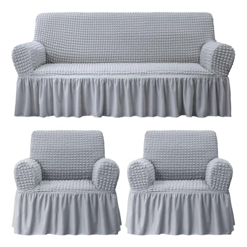 Image of House of Quirk Turkish Bubble Frill Five Seater 3 + 1 + 1 Sofa Slipcovers 280 GSM, Durable Washable Universal Triple Seater High Elastic Furniture Protector (Smoke)