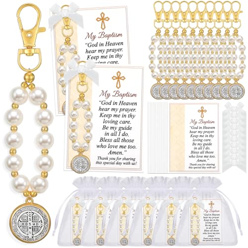Ceenna 24 Sets Baptism Favors for Guests/Recuerdos de bautizo - Rosary Saint Benedict Keychains Cards Organza Bags Christian Christening Keepsake Gifts for First Communion Wedding Baby Shower Favors